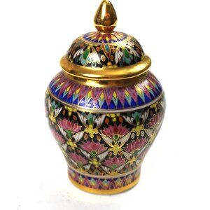 Vintage Miniature Thai Benjarong Lidded Jar Pink Lotus Flower: Gold Gilded Lid